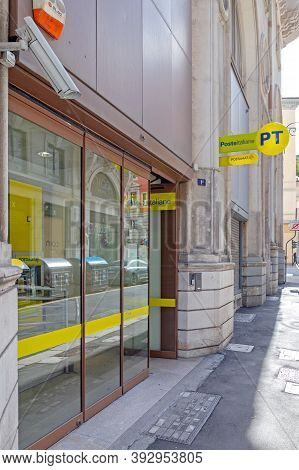 Trieste, Italy - March 7, 2020: Sign Poste Italiane At Italian Post Office In Trieste, Italy.