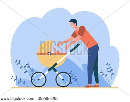 Happy New Father Walking With Baby. Man Reaching Arms To Stroller With Kid Flat Vector Illustration.