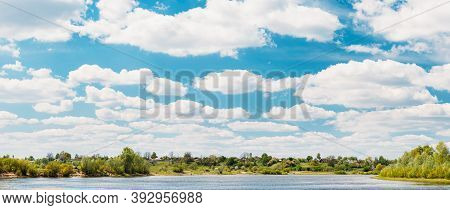 Rechytsa, Gomel Region, Belarus. Dnieper River. European Nature In Summer Panorama