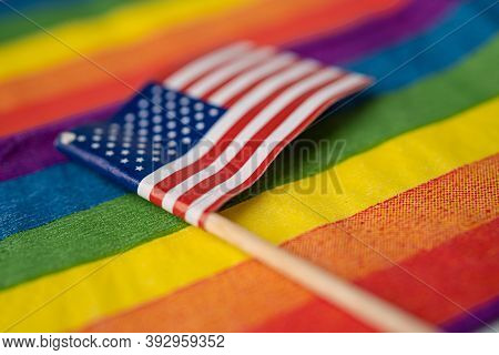 Usa Amarica Flag On Rainbow Background Symbol Of Lgbt Gay Pride Month  Social Movement Rainbow Flag 