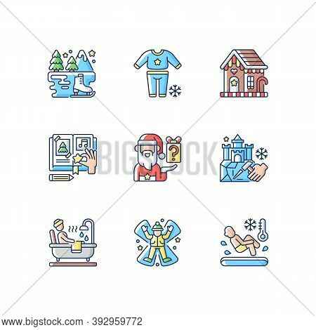 Festive Season Rgb Color Icons Set. Secret Santa. Pajama Night. Ice Skating. Diy Scrapbooking. Snow 