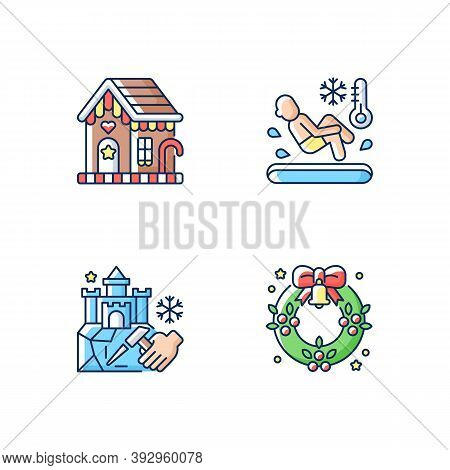 Winter Season Traditions Rgb Color Icons Set. Gingerbread House. Polar Bear Plunge. Ice Sculpture. C