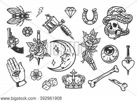 Vintage Tattoos Collection With Rose And Heart Pierced With Daggers Fly Pistol Dice Horseshoe Diamon