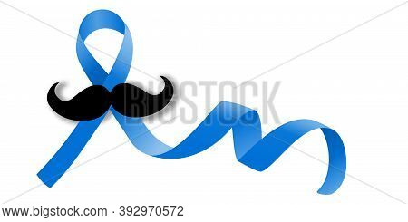 Prostate Cancer Blue Ribbon With Mustache Vector Realistic Illustration. November Awareness Month Sy