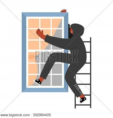 A Thief In A Black Hood Climbs Through The Window. The Offender Wants To Burglary In The Apartment. 