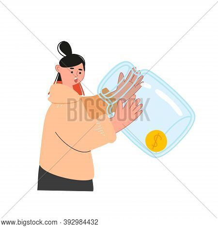 The Girl Is Holding An Empty Glass Jar With One Coin. Financial Crisis. Global Recession, Stock Mark