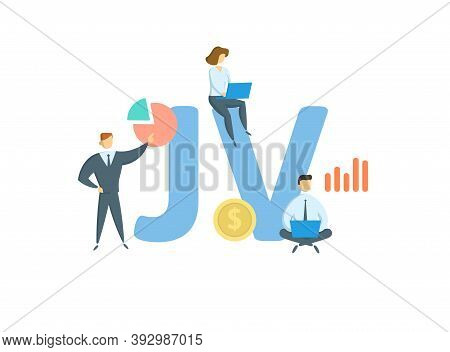 Jv, Joint Venture. Concept With Keyword, People And Icons. Flat Vector Illustration. Isolated On Whi