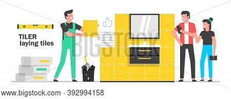 Tiler Laying Tiles. The Tiler Glue The Ceramic Tiles To The Wall.  Laying Tiles At Home