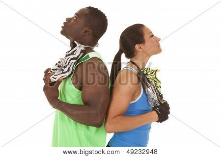 Fitness Man Woman With Shoes Backs Together