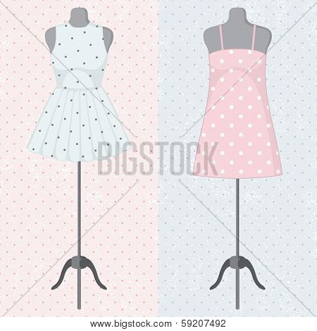 Different vintage dresses on a mannequin. Vector