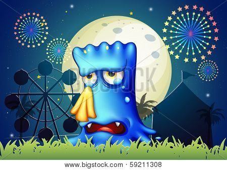 Illustration of a canival with a blue monster crying