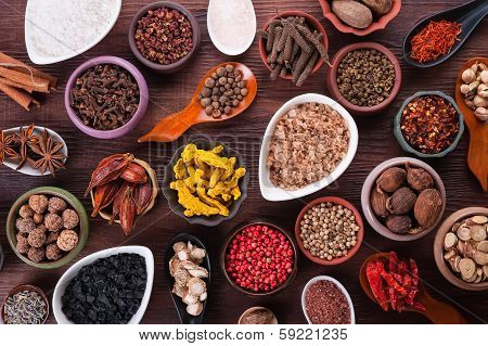 Large Set Of Spices, Seasonings And Salt