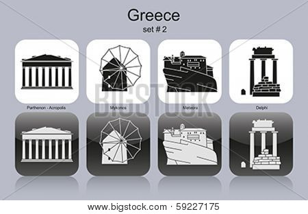 Landmarks of Greece. Set of monochrome icons. Editable vector illustration.