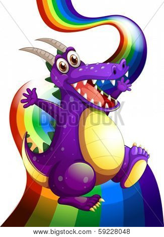 Illustration of a playful violet dragon and a rainbow on a white background