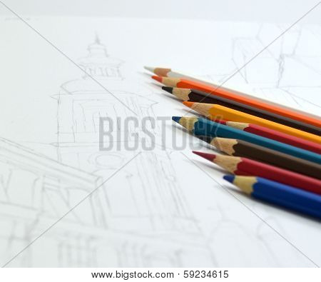 Buildings Pencil Sketch With Color Pencils