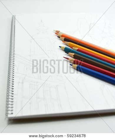 Buildings Pencil Sketch With Color Pencils