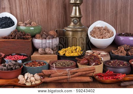 Large Set Of Spices, Seasonings And Salt