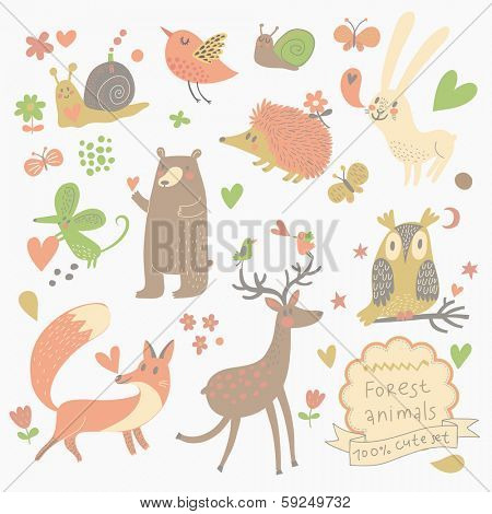 Funny set of cute wild animals in the forest: fox, bear, hedgehog, rabbit, snail, deer, owl, bird, mouse. Vintage set