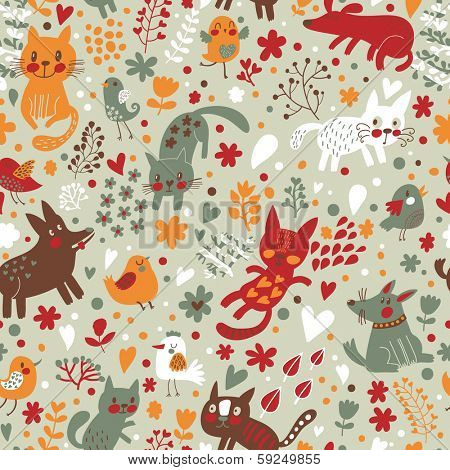 Bright childish seamless pattern with birds, cats and funny dogs in vector. Seamless pattern can be used for wallpapers, pattern fills, web backgrounds,surface textures. Gentle childish wallpaper