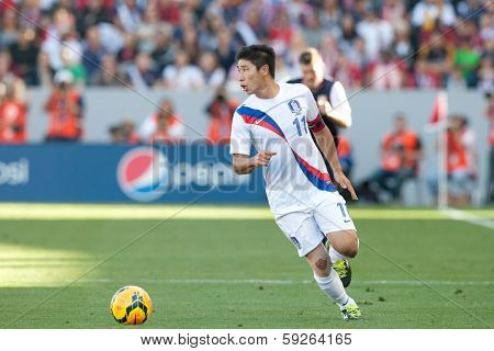 CARSON, CA. - FEB 01: Korea F Keun-Ho Lee #11 in action during the U.S. mens national team soccer friendly against Korea Republic on Feb 1st 2014 at the StubHub Center in Carson, Ca.