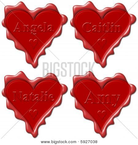 Valentine Love Hearts met namen: Angela, Caitlin, Natalie, Amy