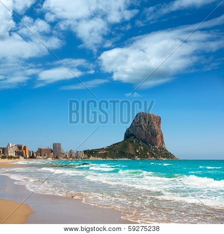 Calpe Alicante Arenal Bol beach with Penon de Ifach mountain in Mediterranean sea of Spain