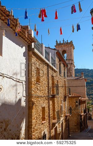 Benassal street village facades Benasal in Maestrazgo Castellon Spain