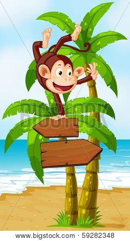 Illustration of a monkey balancing at the top of the arrowboard at the beach