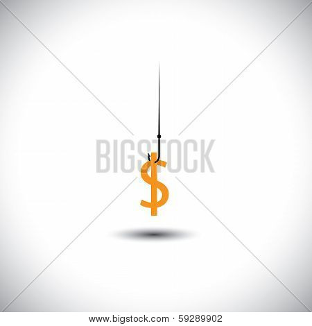 Fish Hook With Dollar Or Money As Bait - Vector Concept