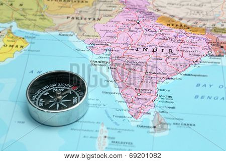 Travel Destination India, Map With Compass