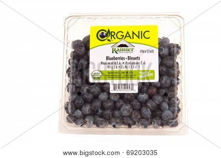 Hayward, CA - July 27, 2014: 2lb packet of Organic Rainier brand Blueberries