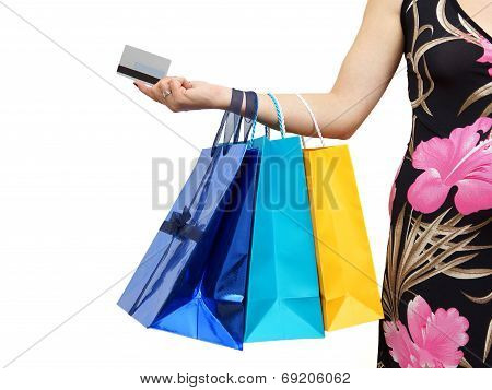 Closeup Of Picture Of Woman With Shopping Bags And Credit Card