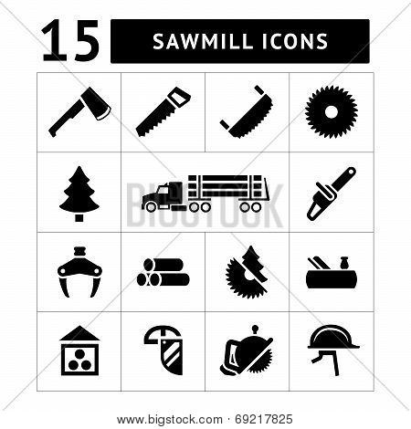 Set Icons Of Sawmill, Timber, Lumber And Woodworking