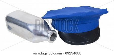 Milkman Delivery Hat And Fallen Silver Milk Bottle