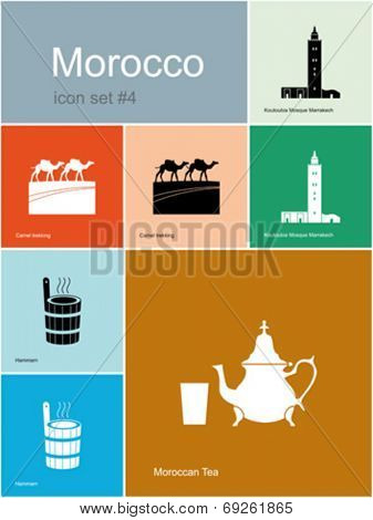 Landmarks of Morocco. Set of color icons in Metro style. Editable vector illustration.