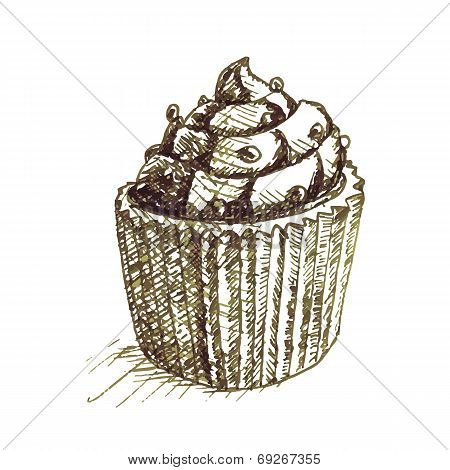 Sketch Of Cake With Chocolate, Cream And Decoration. Isolated Image On White Background