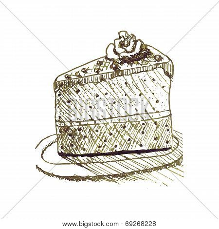 Sketch Of Cake With Chocolate, Cream And Decoration. Isolated Image On White Background