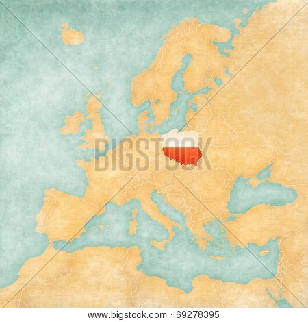Poland (Polish flag) on the map of Europe. The Map is in vintage summer style and sunny mood. The map has a soft grunge and vintage atmosphere which acts as watercolor painting on old paper.