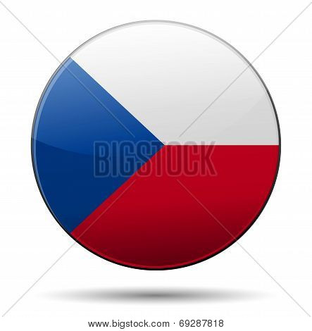 Czech Republic Flag Button With Reflection And Shadow. Isolated Glossy Flag.