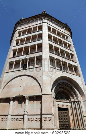 PARMA, ITALY - MAY 01, 2014: Baptistery on Piazza del Duomo in Parma from Benedetto Antelami. Baptistery in Parma is considered to be among the most important Medieval monuments in Europe. 