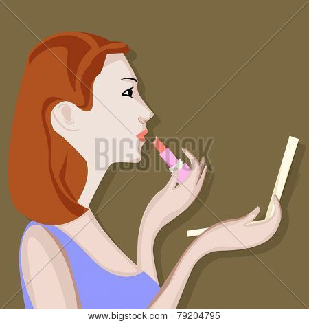 Fashionable stylish young woman applying lipstick and holding hand mirror on stylish background.