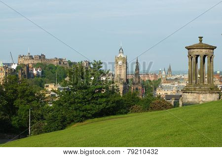 Edinburgh skyline and Dugald Stewart Monumentas seen from Calton Hill