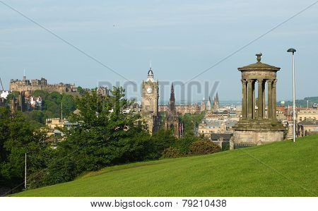 Edinburgh skyline and Dugald Stewart Monumentas seen from Calton Hill