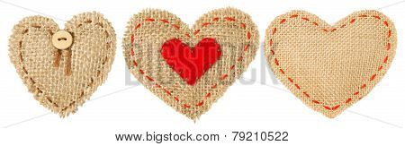 Heart Shape Patch Object With Stitches Seam, Sackcloth Decorative Fabric Isolated White Background