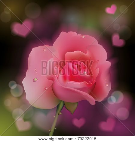 Pink rose on soft background with hearts.