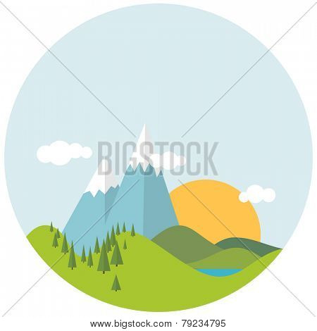 Simple Flat design spring landscape with mountains and trees