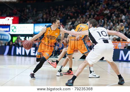 VALENCIA, SPAIN - DECEMBER 30: Ribas with ball during Spanish League match between Valencia Basket Club and Juventut at Fonteta Stadium on December 30, 2014 in Valencia, Spain