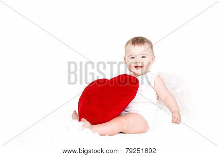 Cute happy valentine angel playing with red heart