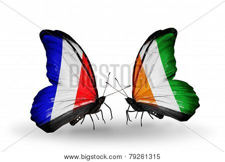 Two Butterflies With Flags On Wings As Symbol Of Relations France And Cote Divoire