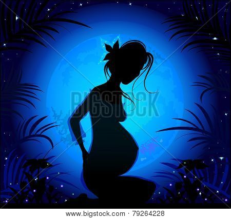 Silhouette Of A Beautiful Pregnant Woman On A Background Of The Starry Sky And Wonderful Full Blue M